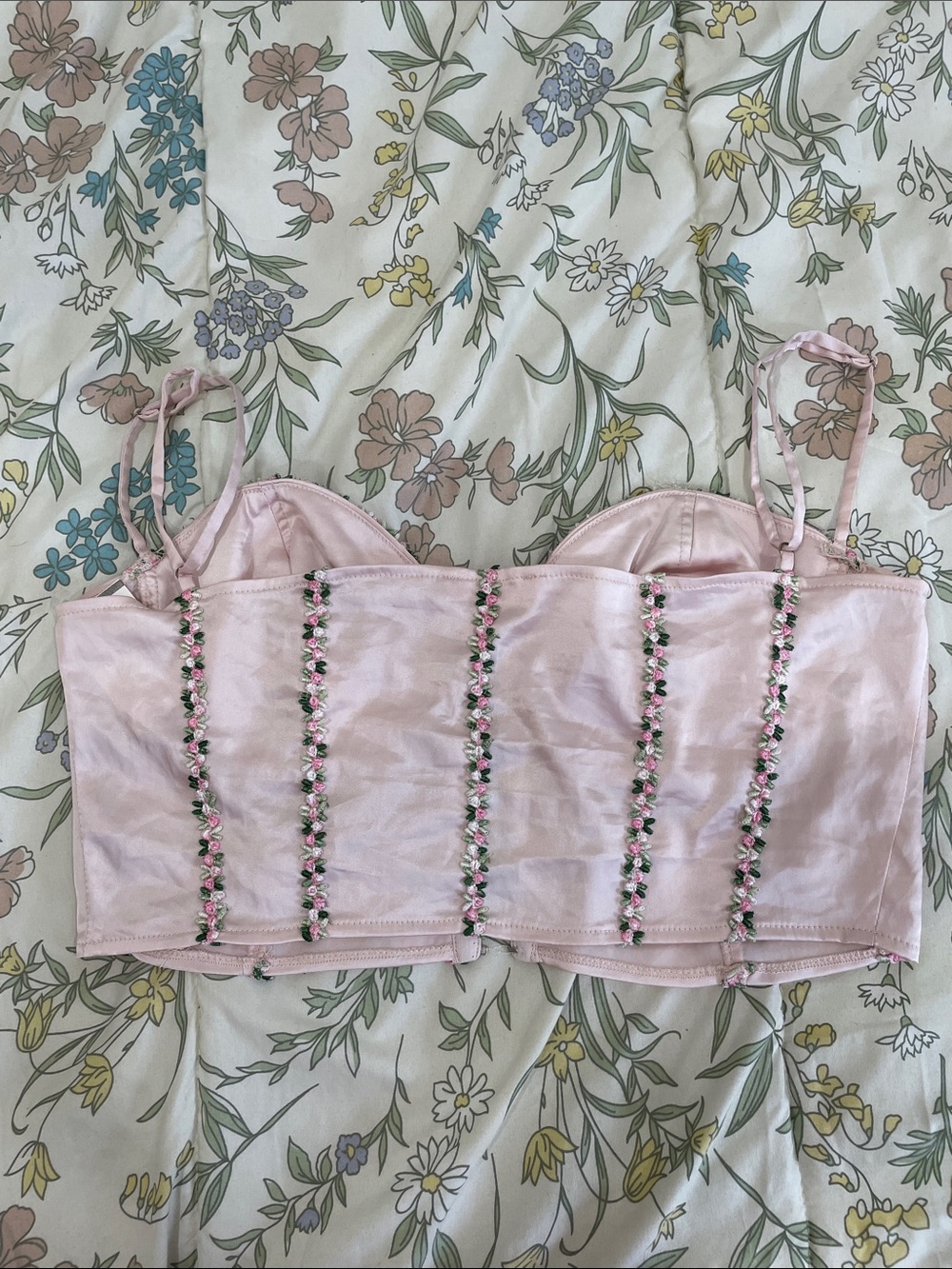 Sugar Thrillz Pale Pink Satin Floral-Trim Bustier Crop - Picture 3 of 7